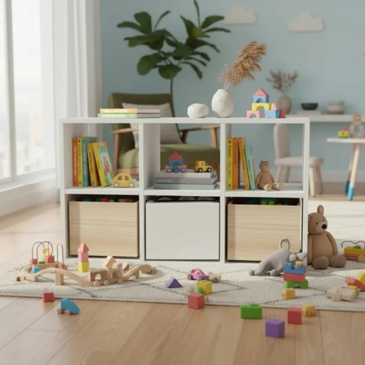 Organizador Juguetero Nórdico Montessori Cómoda Infantil 6 Cubos B + Cajas Blanco/Paraiso 120cm