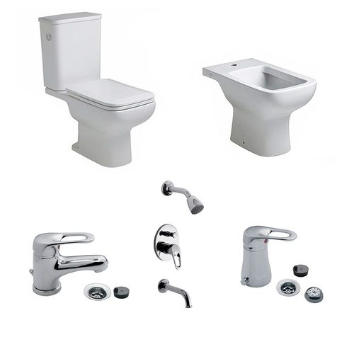 Inodoro largo + depósito + tapa + bidet Ferrum Trento + griferías FV
